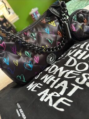 Kurt Geiger Black Quilted Shoulder Bag with Multicolor Heart Print